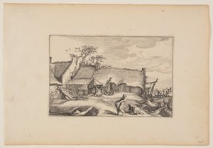 風景（Verscheyden aerdige Lanthuysen...）より「農家、手前にバスケットを運ぶ男 作： Claes Jansz. Visscher
