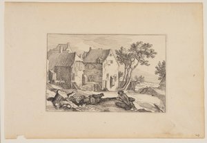 風景（Verscheyden aerdige Lanthuysen...）より、中央手前に羊飼いが休んでいる農園。 作： Claes Jansz. Visscher