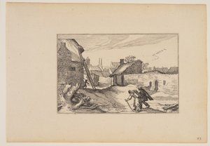 風景（Verscheyden aerdige Lanthuysen...）より「村、左の家を背に立つはしご 作： Claes Jansz. Visscher