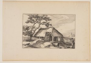 風景（Verscheyden aerdige Lanthuysen...）より「納屋、右手前の棒の上で休む群れ」。 作： Claes Jansz. Visscher
