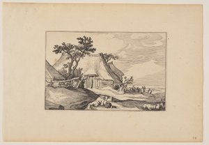 納屋、手前に卵の入った籠を持った休息する男、風景画より（Verscheyden aerdige Lanthuysen...） 作： Claes Jansz. Visscher