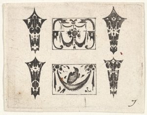 2つの水平パネルと4つのベゼルを備えたブラックワークプリント1620年。 作： Claes Jansz Visscher