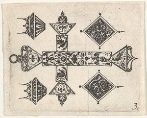 ラテンクロスと4つのモチーフのブラックワークプリント1620年。 作： Claes Jansz Visscher