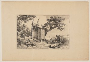 荒れ果てた納屋と牛の群れ、風景より（Verscheyden aerdige Lanthuysen...） 作： Claes Jansz. Visscher