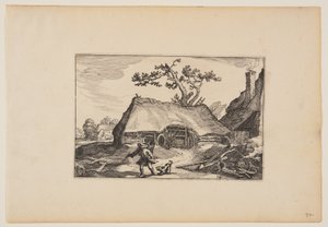 荷車小屋のある農場、吠える犬を連れた男、風景より 作： Claes Jansz. Visscher