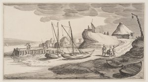 監視塔の近くに停泊するボート（風景画より）Playsante Lantschappen 作： Claes Jansz. Visscher II
