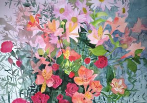 ピンクの花束（紙に水彩） 作： Claire Spencer