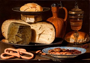 オランダ：チーズ、アーモンド、プレッツェルのある静物 チーズ、アーモンド、プレッツェルのある静物