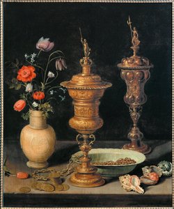 ゴブレット、花と貝殻の静物画 作： Clara Peeters