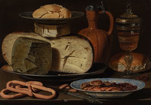 チーズ、アーモンド、プレッツェルのある静物、1615年