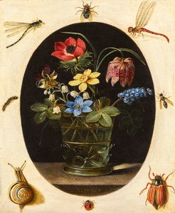 昆虫とカタツムリに囲まれた花のある静物画