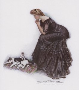 猫と子猫を見ている女性 作： Clarence F. Underwood