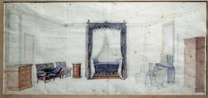 ベッドルーム（チェスト、カナッペ、アームチェア、4ポスターベッド付き）。Claude Aime Chenavard (1798-1838)による水彩画 作： Claude Amie Chenavard