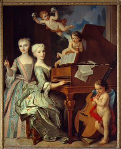 アデレード・ド・ギダンとハープシコードの妹: アデレード (1725-1786) と妹のキャサリン (1726-1759) はプロヴァンスの大家族の一員です。 彼らは音楽の天使に囲まれています。 1735-1740。 クロード・アルヌルフィ (1697-1786) によるキャンバスに油彩。 ミュゼ 作： Claude Arnulphy