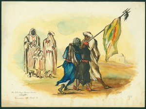 「マッドブラックのバナーベアラー」、カウマー、1873年（トイレと紙に鉛筆） 作： Claude Conder