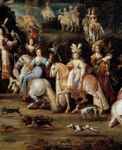 鷹を狩るエキュイエール クロード・デルエ（1588-1662）の絵画からのディテール。ディム。1,14 x 2,58 m 作： Claude Deruet