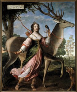 リュイヌ公爵夫人マリー・ド・ローハン・モンバゾンの肖像（1600-1679年） 若い女性は鹿を連れた狩人ディアーヌとして表現されています。クロード・デルエ（1588-1662）の作とされる絵画 1627年 Sun.2,4x1,95 m