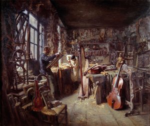 楽器でいっぱいの彼のワークショップの修復者。 クロード・フィルマン (1864-1944) の絵画 1896 年 アヴィニョン美術館 カルヴェ 注目！ この作品の使用は、第三者の承認要求または追加料金の対象となる場合があります 作： Claude Firmin