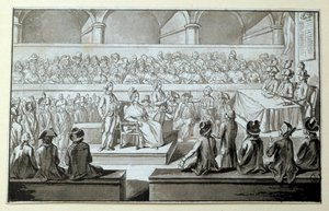 革命裁判所の前のフランス女王マリー・アントワネット: 1793 年 10 月 14、15、16 日 彼の訴訟で弁護した弁護士は、クロード・フランソワ・ショヴォー・ラガルド (1756-1841) です。 黒インクで描く 0,097x0,15m。 パリ、ルーブル美術館 作： Claude Francois Chauveau Lagarde