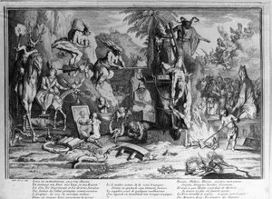 安息日の儀式、悪魔や魔女、怪物のような生き物が踊っています。ギロの版画