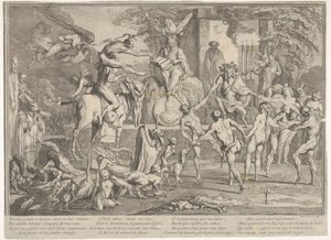 魔女の安息日、夜行性の風景の中で、上部中央に座っているネクロマンサー...、ca。 1700-1720。 作： Claude Gillot