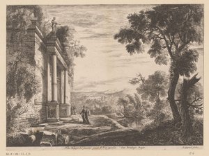 古代遺跡の前に人物がいる風景 作： Claude Goyrand