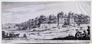 Cours de la Reine Mereの眺めと展望 この散歩道は、1616年にマリー・ド・メディシスによってパリのアルマ広場の近くに作られました。クロード・ゴイラン（1620-1662）によるドローイング 17世紀 パリ、カルナヴァレ美術館 作： Claude Goyrand