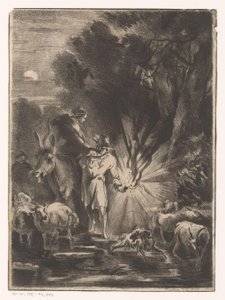 川沿いの羊飼いと羊飼いの夜の風景 作： Claude Henri Watelet