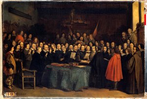 1648年5月15日にミュンスター市庁舎でスペイン人とニードランダーの間の平和が批准された後の誓いであるヴェストファーレンの平和彼らは三十年戦争を終結させた。クラウディウス・ジャカンドによる絵画 作： Claude Jacquand
