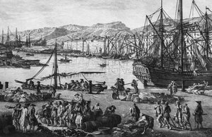 フランスの港」シリーズ、若き日のシャルル・ニコラ・コーチン（1715-90）とジャック・フィリップ・ル・バス（1707-83）が彫刻したトゥーロンの旧港（左手の詳細）（382970、382972も参照）（エッチング