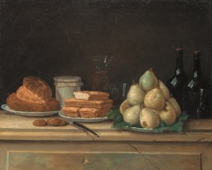 洋ナシとパンが皿に、ワインのボトルとグラスが石の棚に（キャンバスに油彩） 作： Claude Joseph Fraichot