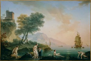 海辺で海水浴をする少女たち（キャンバスに描かれた絵） 作： Claude Joseph Vernet