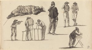 地面で寝ている 1 人の男性とのこぎりをしている 2 人の男性を含む図の研究 作： Claude Joseph Vernet