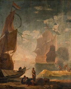 1825年、埠頭に軍艦と人物がいる港のシーン。