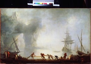 カプリの夜明け、霧。 クロード・ジョセフ・ヴェルネ (1714-1789) の絵画。 キャンバスに油彩、92 x 150 cm、1745 年頃。18 世紀のフランス派。 プーシキン美術館、モスクワ。