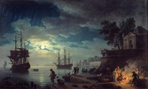 月明かりの釣りキャンプファイヤーをしている男性と一緒に港の夜景。ジョセフ・ヴェルネによる絵画 作： Claude Joseph Vernet
