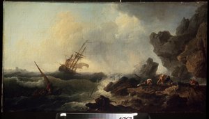 海で嵐。 クロード・ジョセフ・ヴェルネ (1714-1789) の絵画。 キャンバスに油彩、58 x 107 cm。 18世紀フランスの学校。 プーシキン美術館、モスクワ。 作： Claude Joseph Vernet