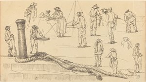 埠頭の人物像とボラードに取り付けられたロープの長さ 作： Claude Joseph Vernet