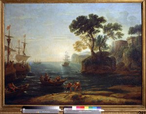 アエネアスのイタリア到着。 ローマ帝国の創設。 （イタリアへのアエネアスの到着。ローマ帝国の朝）。 クロード・ジェレの絵画は、クロード・ル・ロラン (1600-1682) と言いました。 キャンバスに油彩。 バロック芸術。 プーシキン美術館、モスクワ 作： Claude  Lorrain