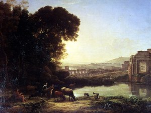 廃墟のそばで飲む牛やヤギたち 作： Claude Lorrain