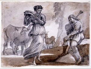 Rural Dance（紙に黒と赤のチョークとウォッシュ） 作： Claude Lorrain