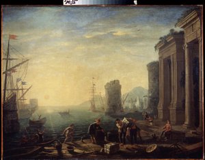 港の朝。 港の朝。 ル・ロランとして知られるクロード・ジェレ (1600-1682) の絵画。 キャンバスに油彩