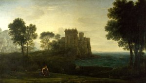 "Paysage avec Psyche devant le palais de Cupidon" ou "le palais enchante" （キューピッドの宮殿の外にプシュケのいる風景、または魔法のかかった城） Peinture de Claude Lorrain (1600-1682) Oil on canvas 1664 Dim 87,1x151,3 cm National Gallery, Londres 作： Claude Lorrain