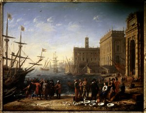 キャピトルのある港の眺め イタリアのローマの街の眺め。ロラン（1600-1682）17世紀の太陽と呼ばれるクロード・ジェレの絵画。0,56x0,82 m パリ、ルーヴル美術館。 作： Claude Lorrain