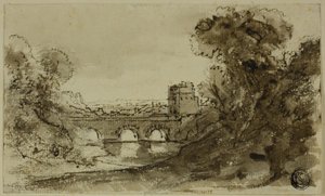 塔のある橋のあるイタリア風の川の風景