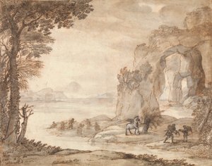 ペルセウスとサンゴの起源、1671年頃（黒チョーク、セピア、黒インク、セピア、白のグレーウォッシュ） 作： Claude Lorrain