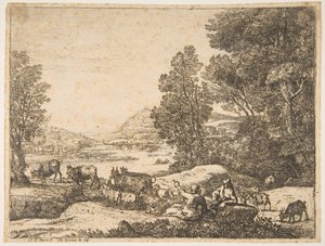 ある風景の中で会話する羊飼いと羊飼いの女, ca. 1651年。 作： Claude Lorrain