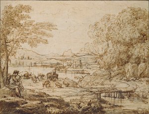 牧歌的な風景でパイプを演奏する若者、c1640s