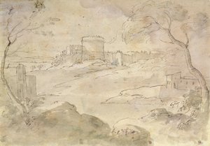 要塞化された町のある風景（紙にインク＆ウォッシュ） 作： Claude Lorrain