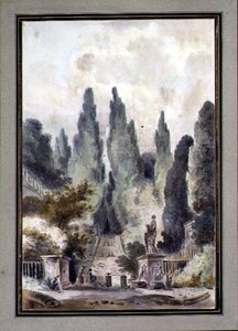 チボリのヴィラ・デステの庭園」（紙に黒チョークの上に水彩画） 作： Claude Louis Chatelet